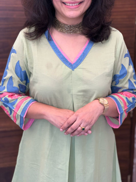 Green Color Cotton A-Line Kurti-Palazzo Set