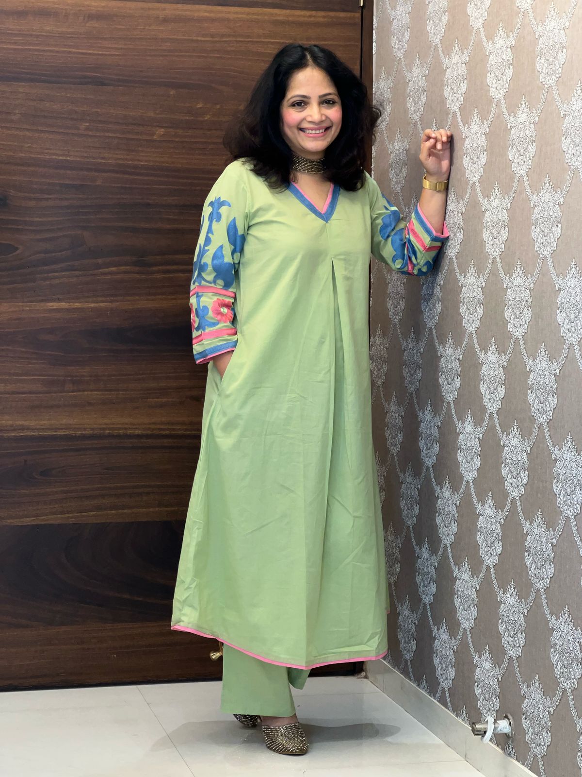 Green Color Cotton A-Line Kurti-Palazzo Set