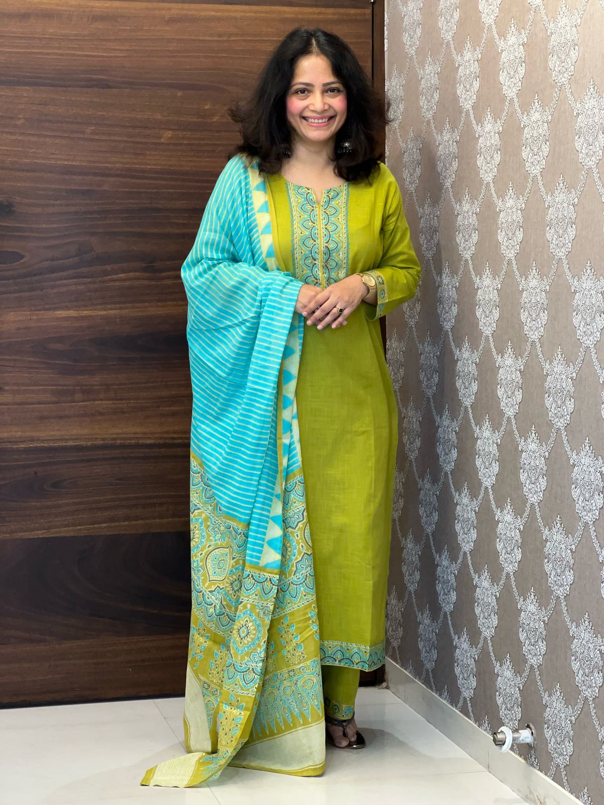 Lime Green Color Slub Cotton Dupatta Set