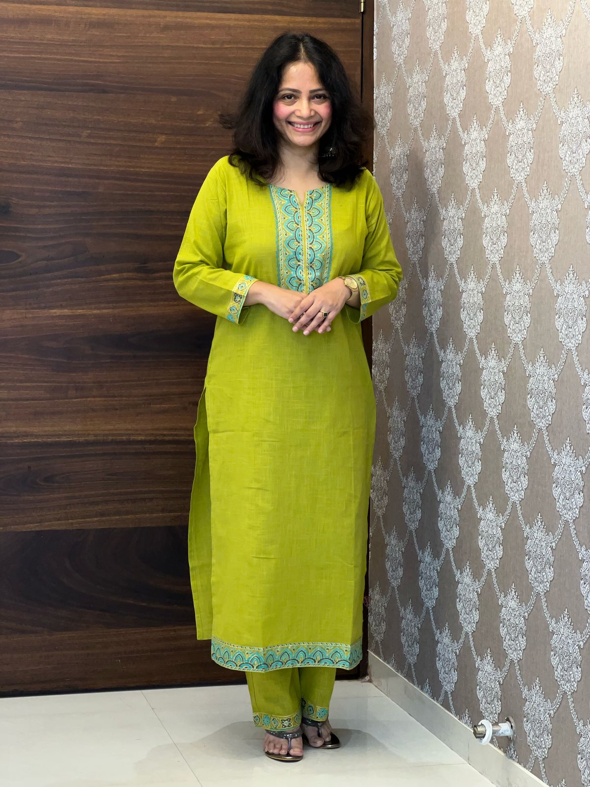 Lime Green Color Slub Cotton Dupatta Set