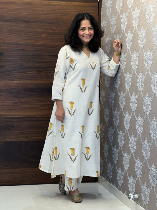 Beige Color Cotton Flex A-Line Kurti-Palazzo Set