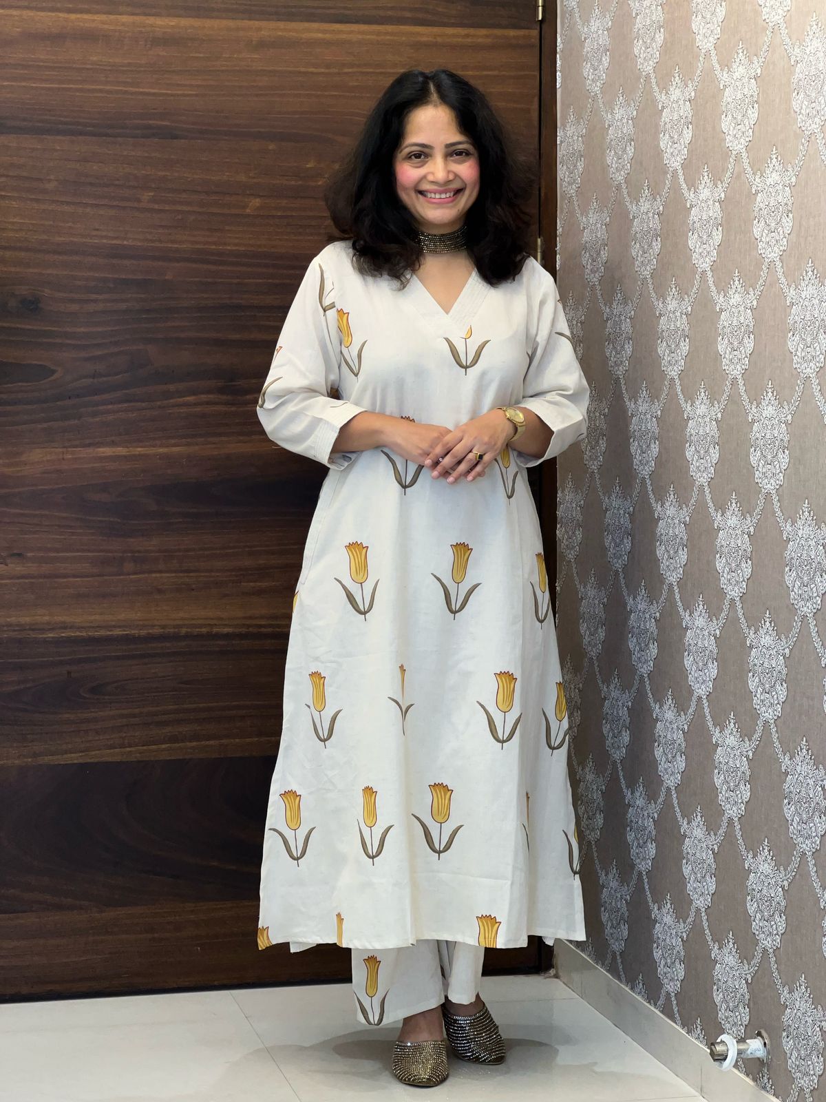 Beige Color Cotton Flex A-Line Kurti-Palazzo Set