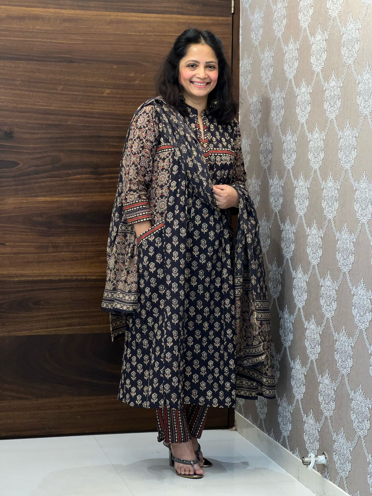 Black Color Pure Cotton A-Line Dupatta Set