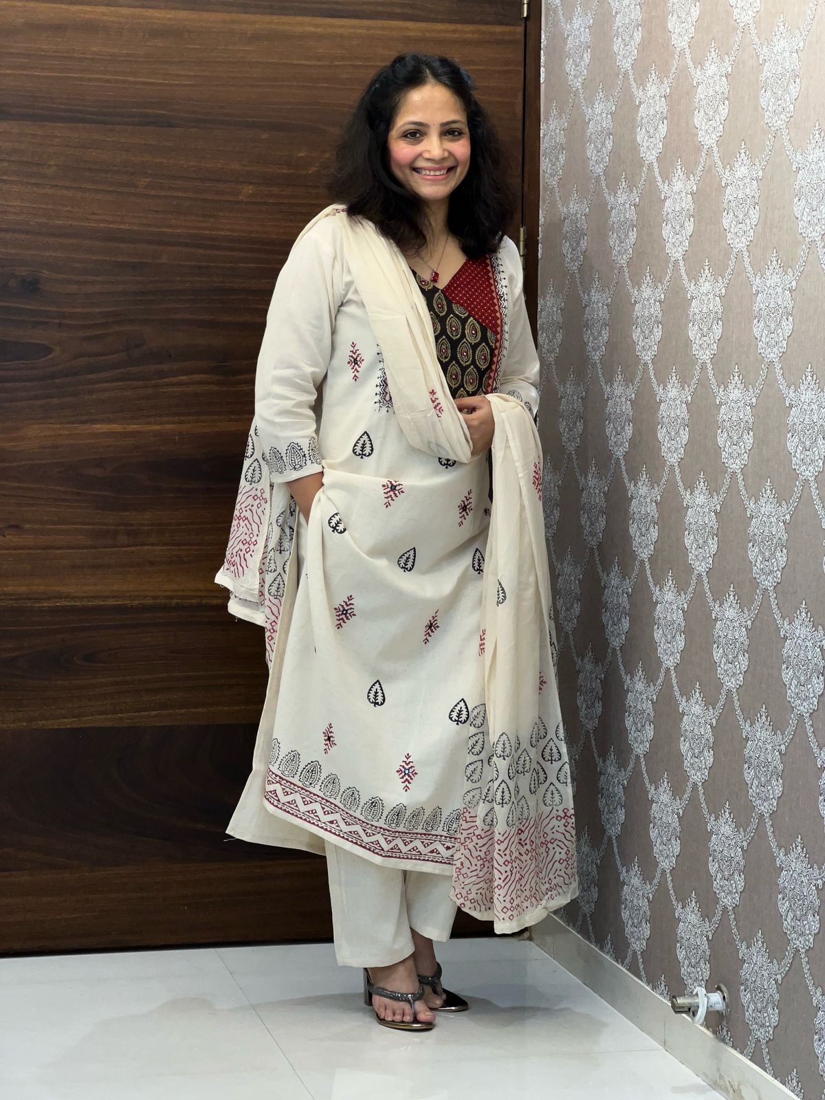 Beige Color Cotton Flex Block Printed Dupatta Set