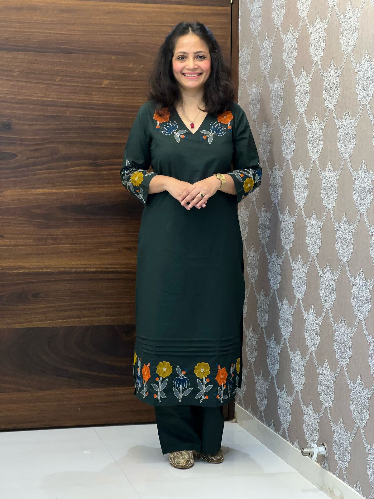 Bottle Green Color Cotton Kurti-Palazzo Set