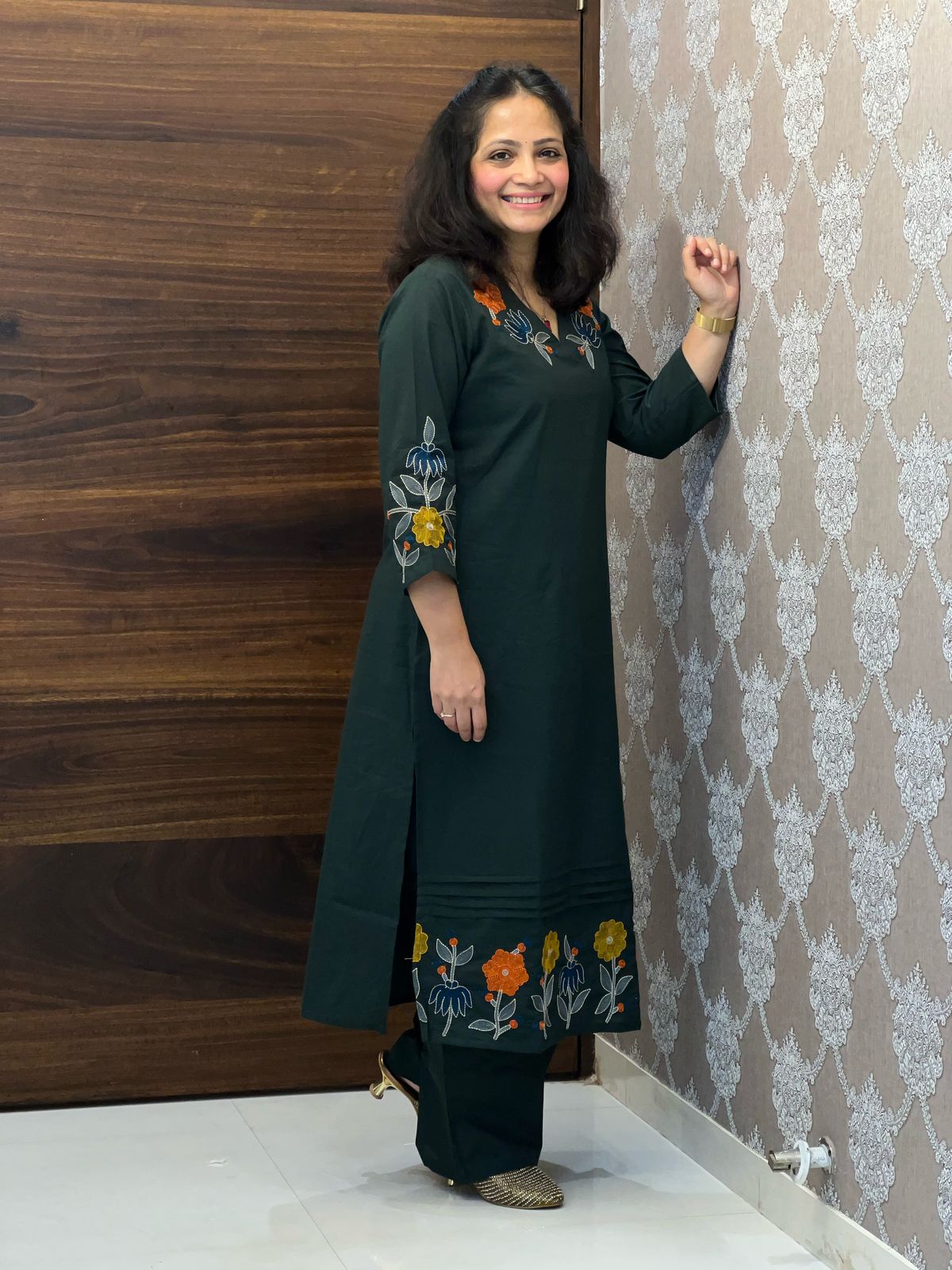 Bottle Green Color Cotton Kurti-Palazzo Set