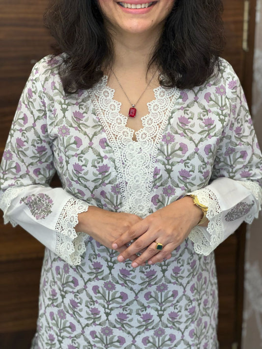 Off-white-Lavender Color Pure Cotton Dupatta Set