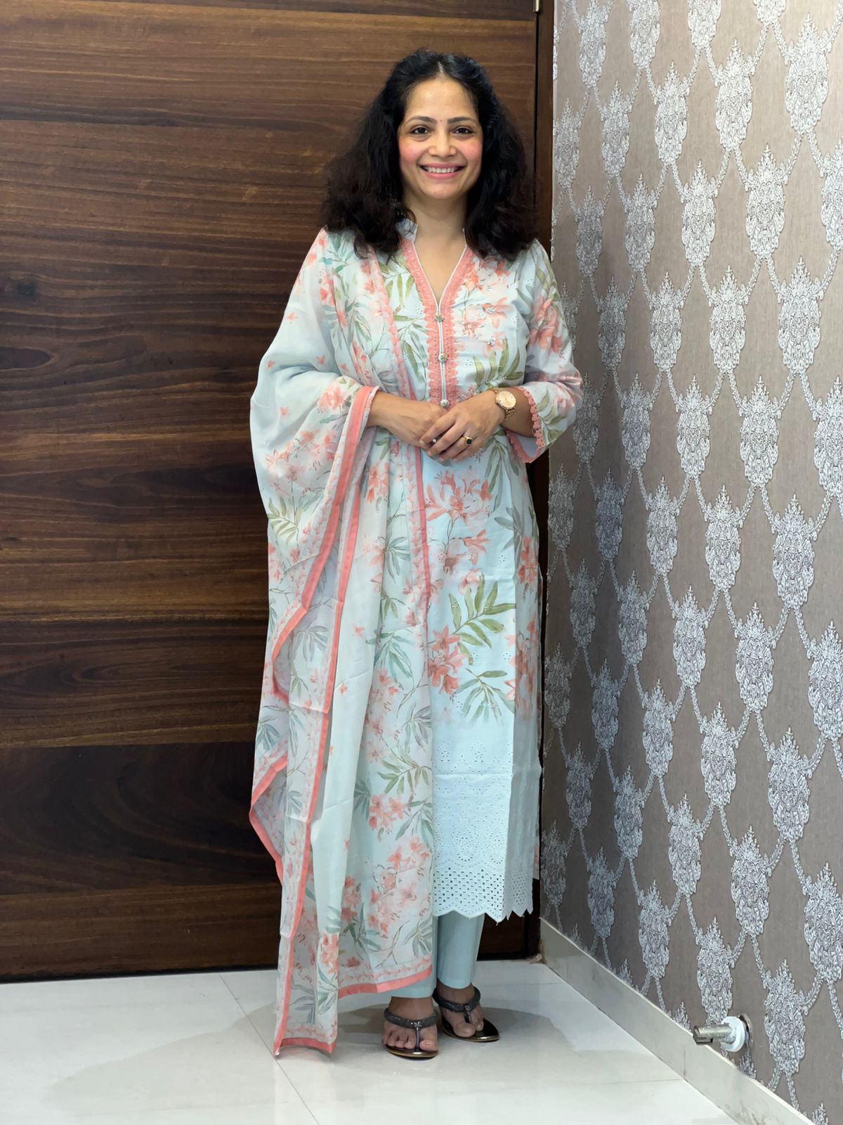 Pastel Blue Colour Digital Cotton Shiffly Dupatta Set