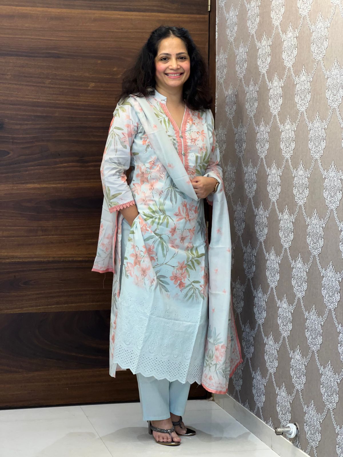 Pastel Blue Colour Digital Cotton Shiffly Dupatta Set