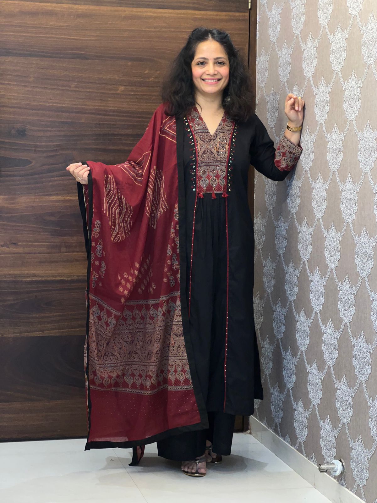 Black Color Pure Cotton A-Line Dupatta Set