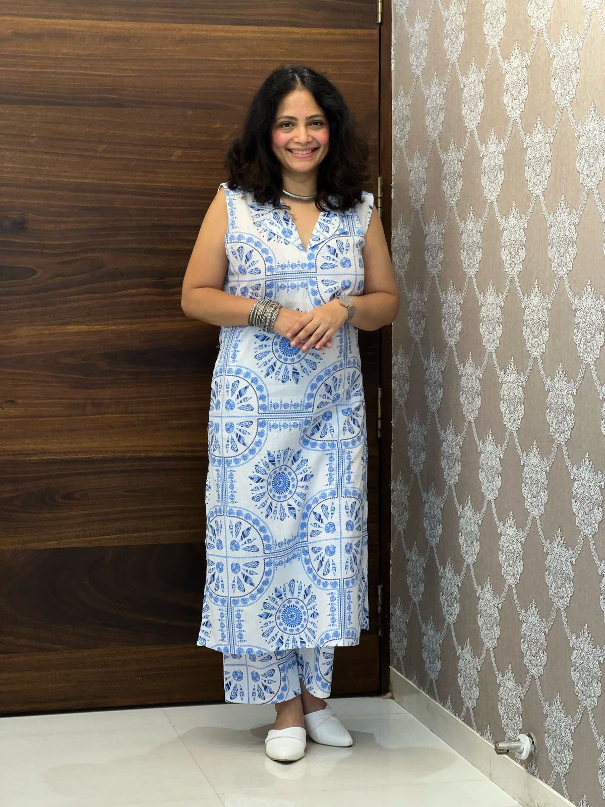 White Color Cotton Slub Kurti-Pant Set