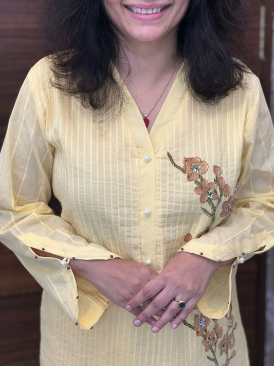 Placement Print Light Yellow Color Cotton Kurti-Pant Set