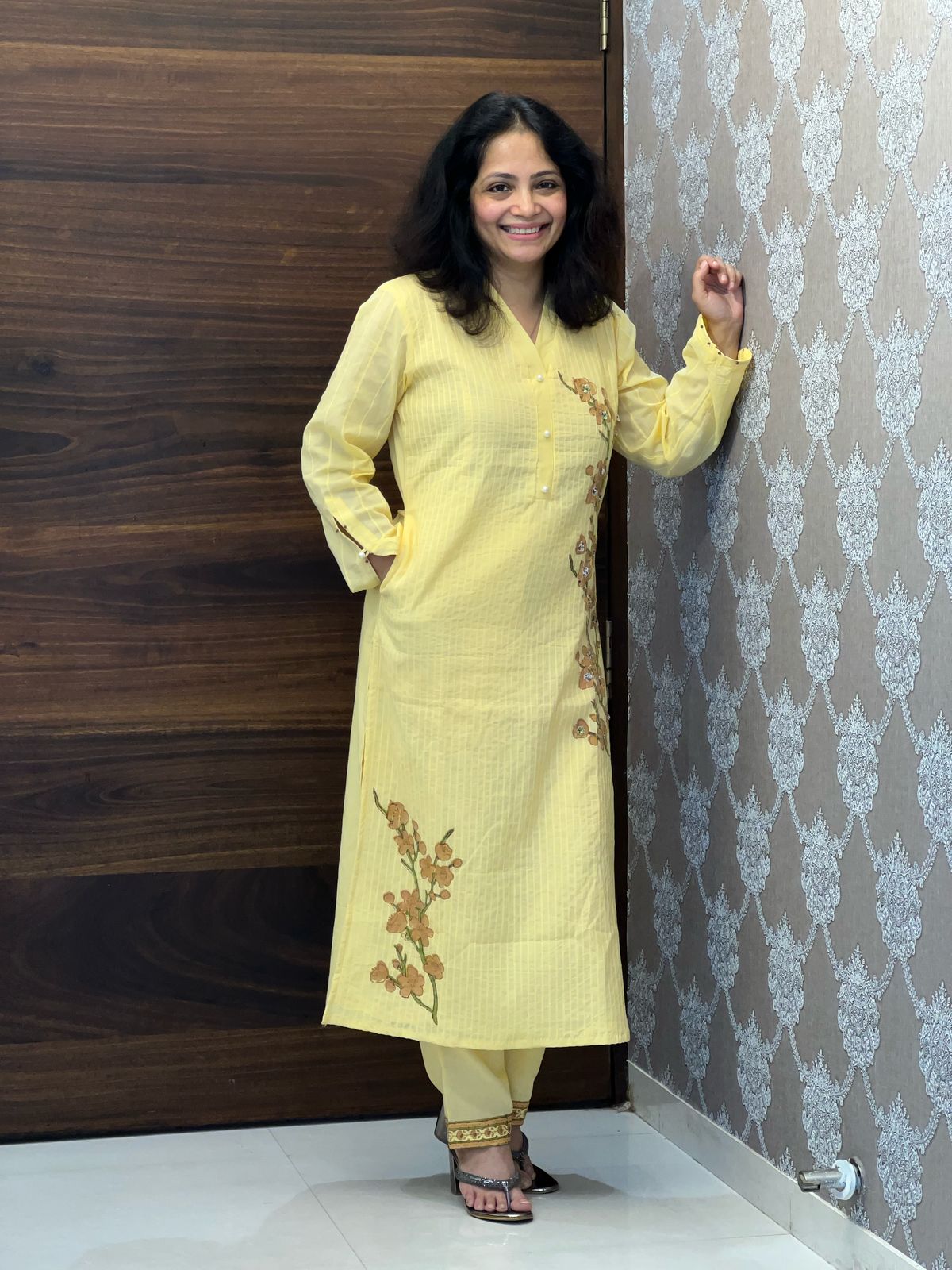 Placement Print Light Yellow Color Cotton Kurti-Pant Set