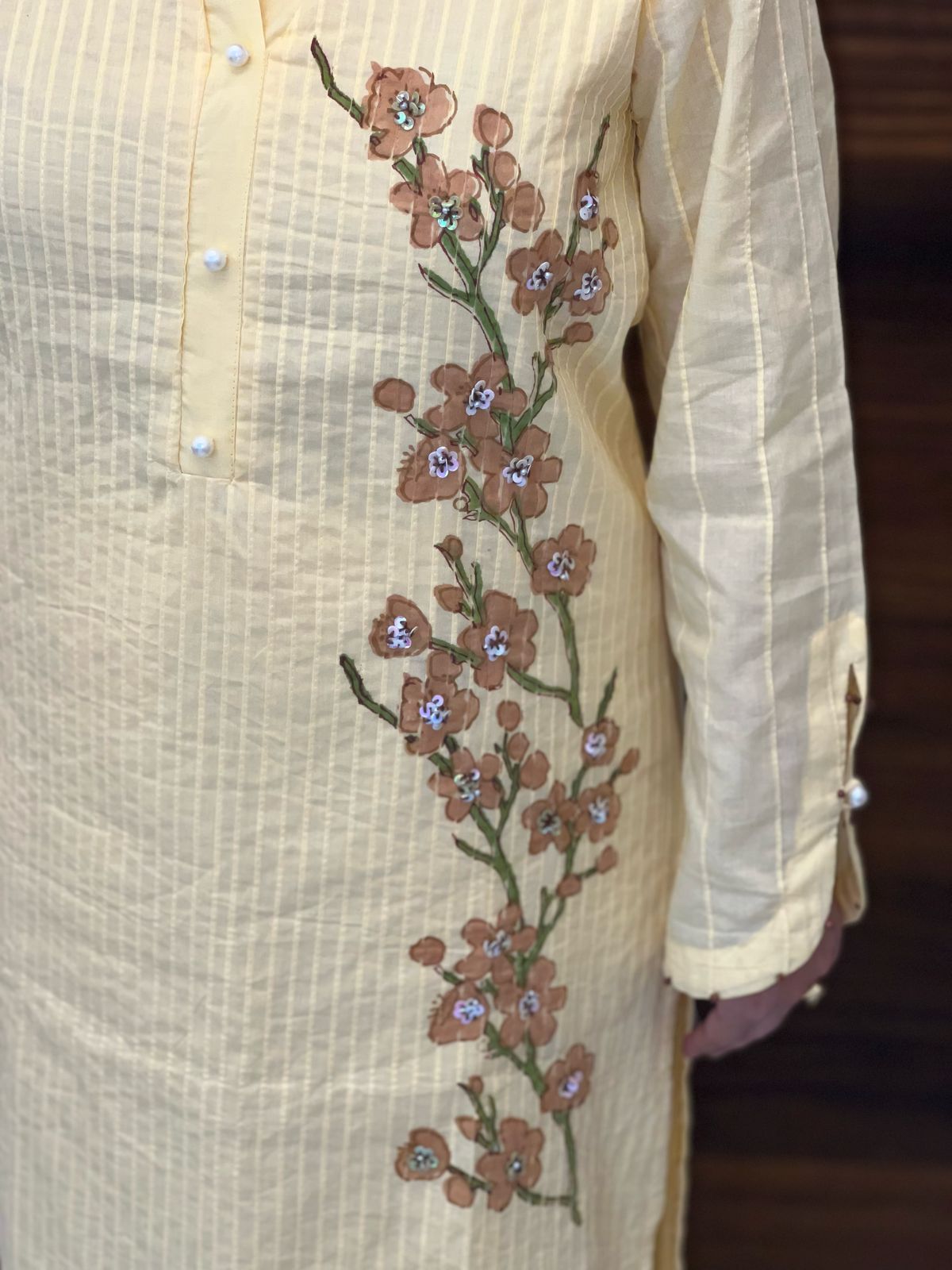 Placement Print Light Yellow Color Cotton Kurti-Pant Set