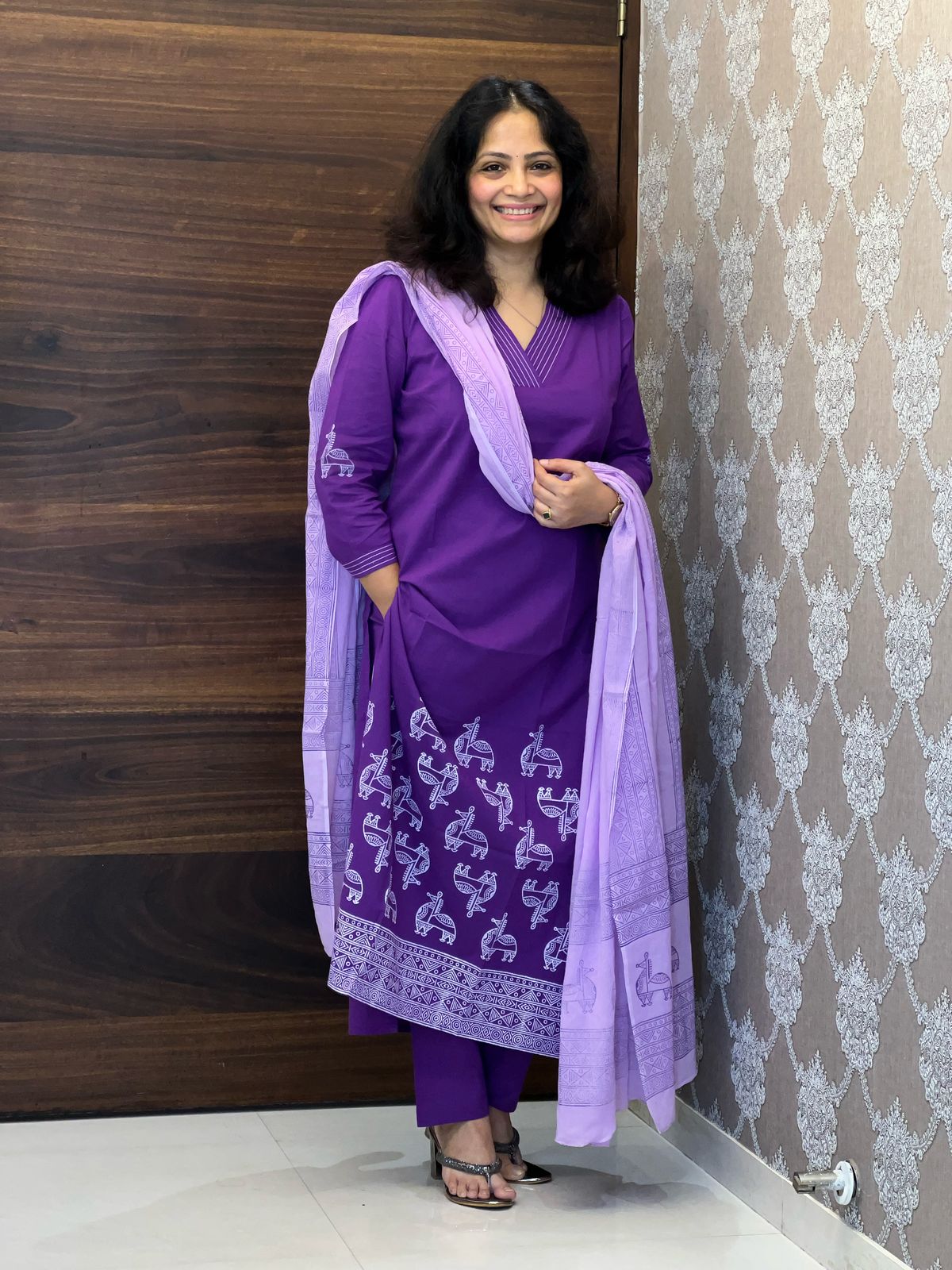 Hand-Block Printed Purple Color Pure Cotton Dupatta Set