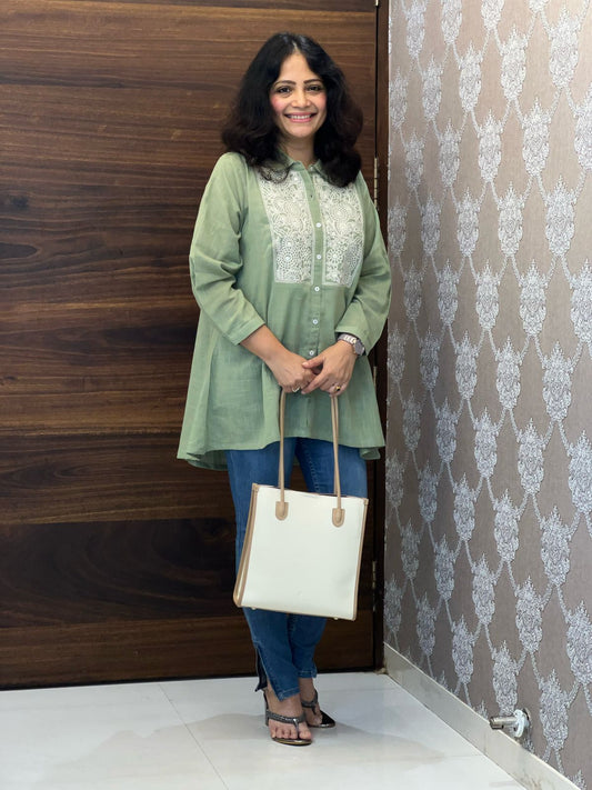 Pastel Green Color Cotton Slub Shirt Top