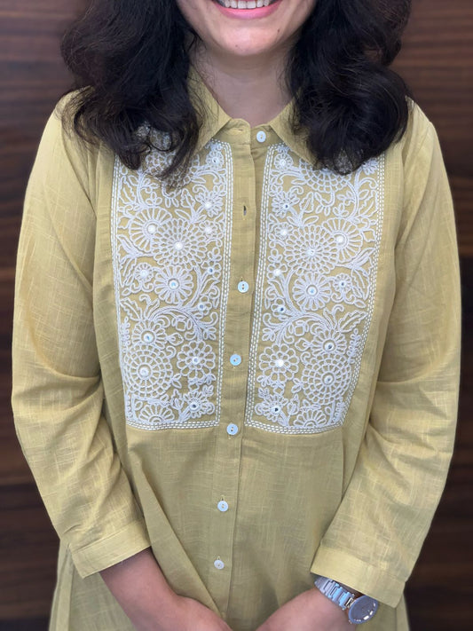 Pastel Mustard Color Cotton Slub Shirt Top