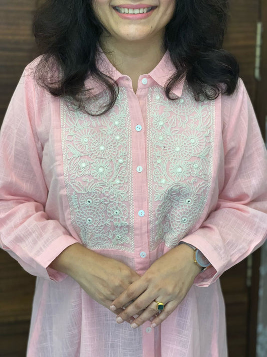Pastel Pink Color Cotton Slub Shirt Top