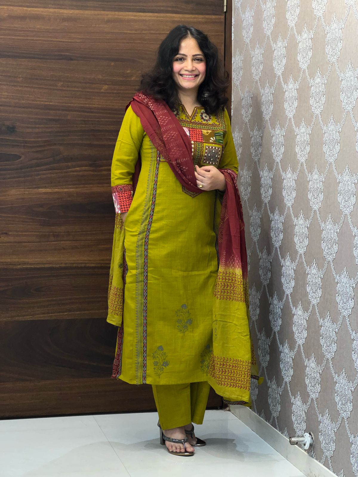 Mehandi Green-Maroon Cotton Flex Dupatta Set