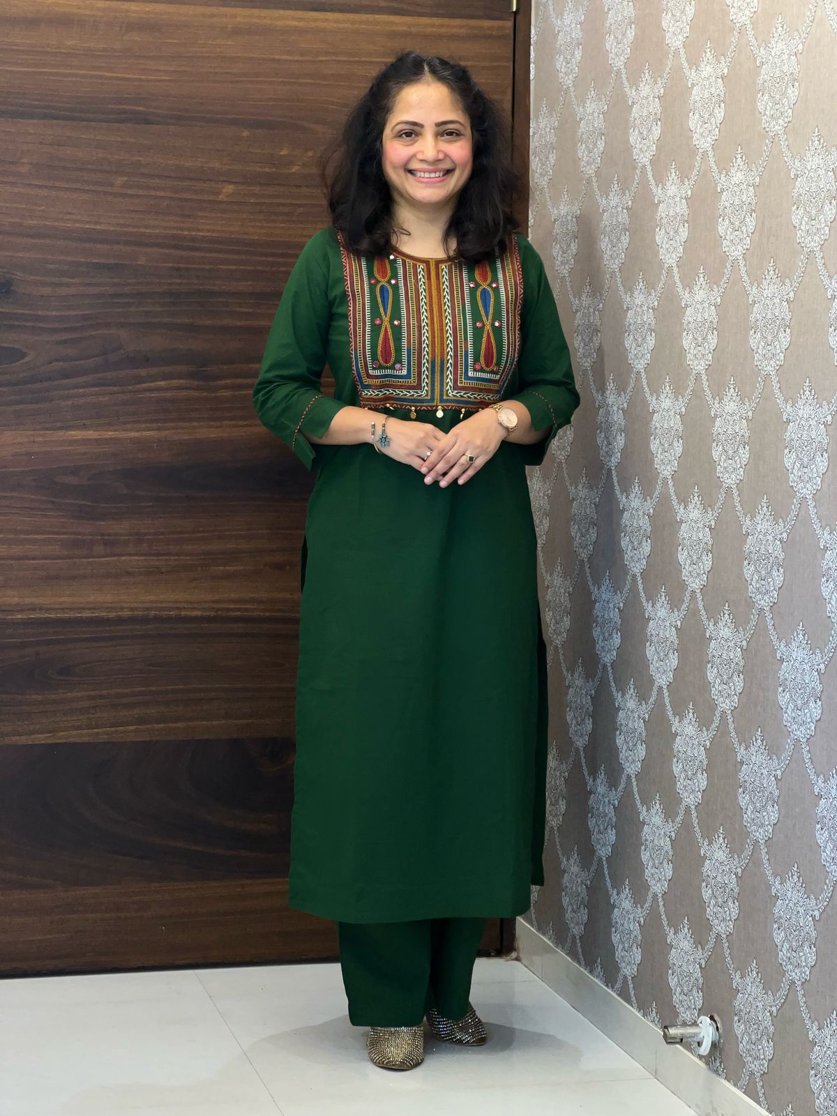 Green Color Cotton Kurti-Palazzo Set
