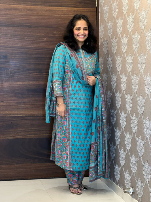 Turquoise Blue Color Pure Cotton Dupatta Set
