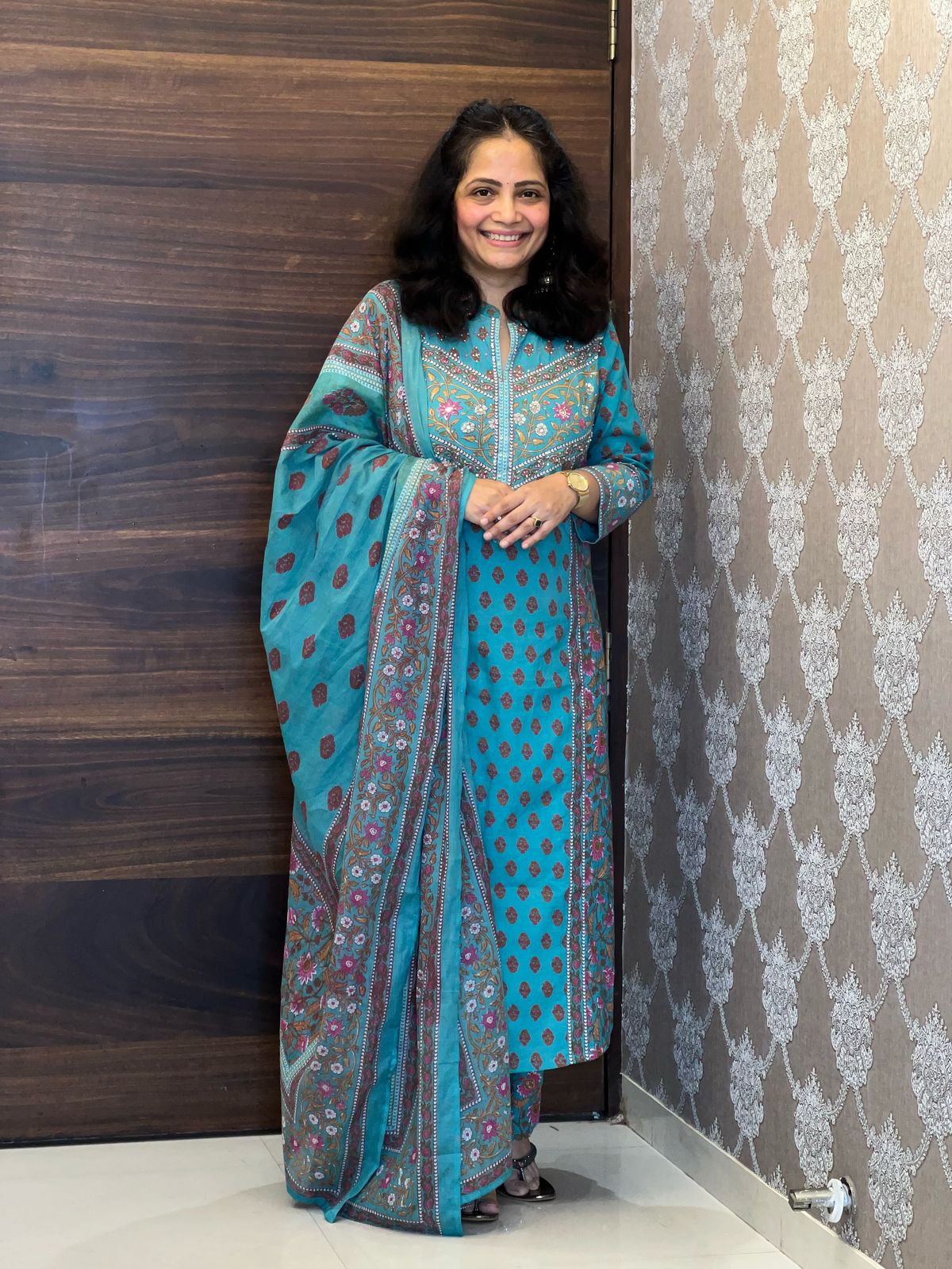 Turquoise Blue Color Pure Cotton Dupatta Set