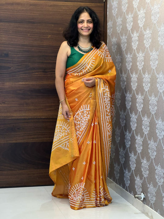 Mustard Colour Bangalore Silk Hand Gujarati Kutch Kantha Stitch Saree