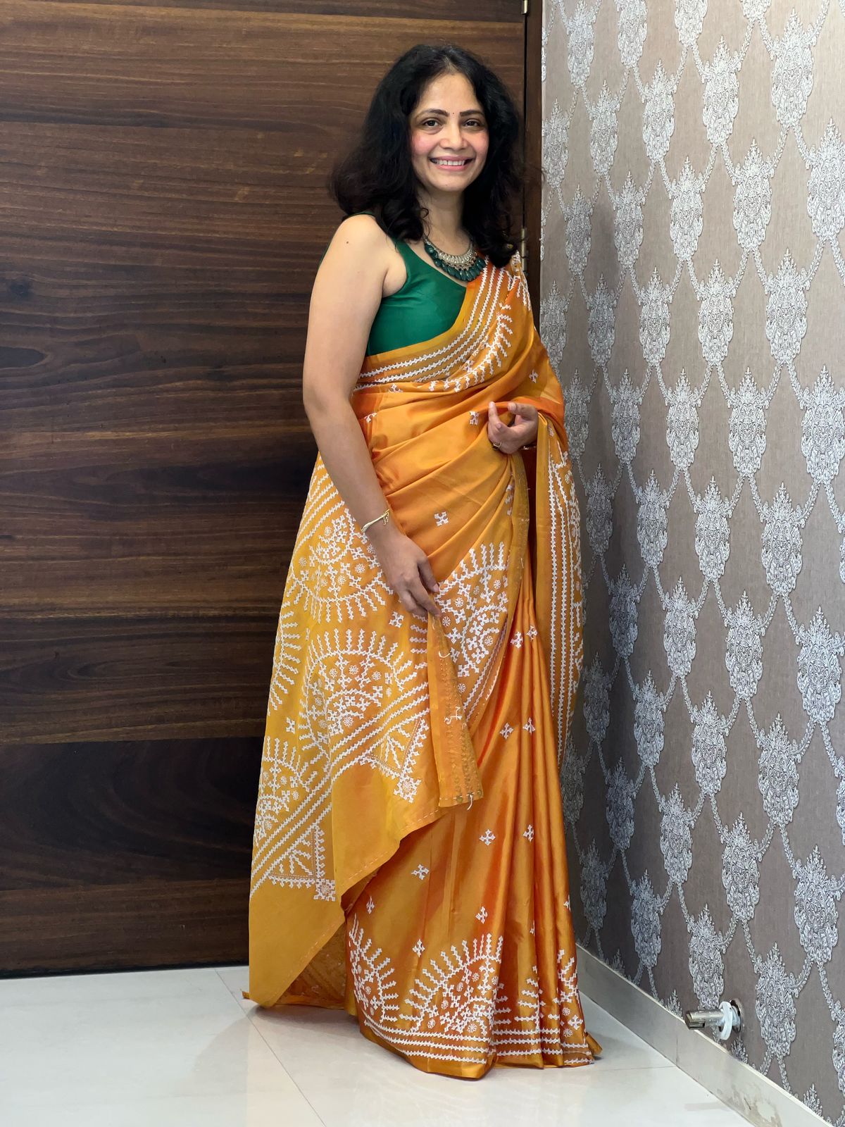 Mustard Colour Bangalore Silk Hand Gujarati Kutch Kantha Stitch Saree