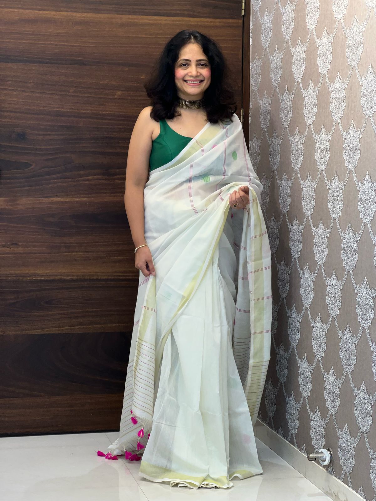 White Colour Brocade tissue saree with sequence work