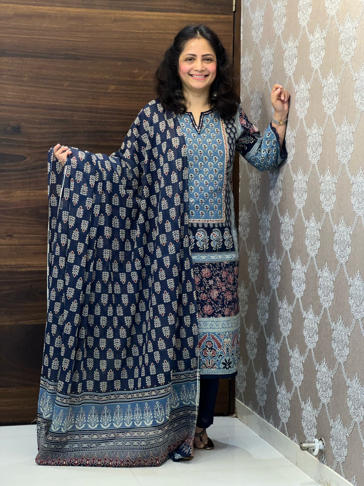 Digital Printed Light Blue-Dark Blue Colou Pure Cotton Dupatta Set