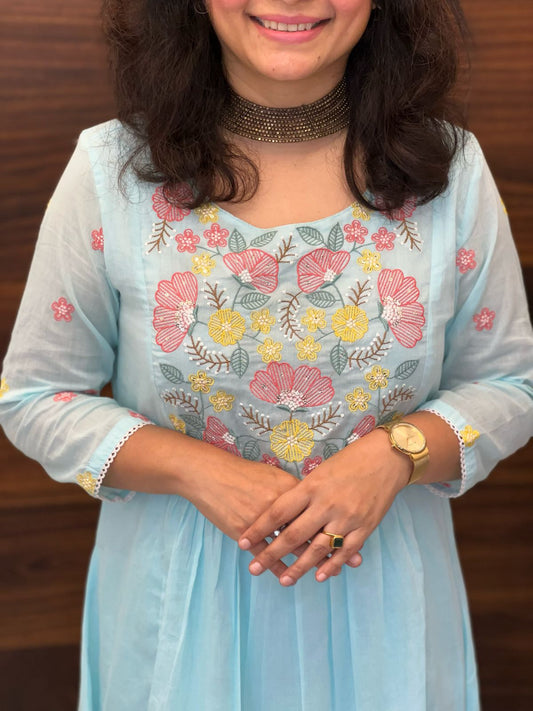 Light Sky Blue Mulmul Cotton Dupatta Set