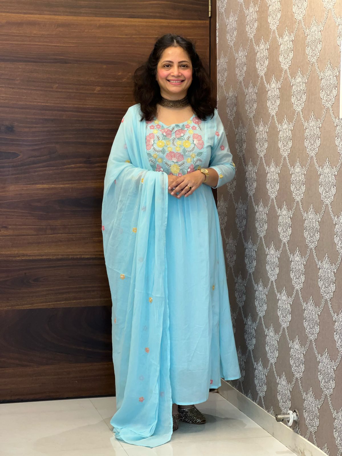 Light Sky Blue Mulmul Cotton Dupatta Set