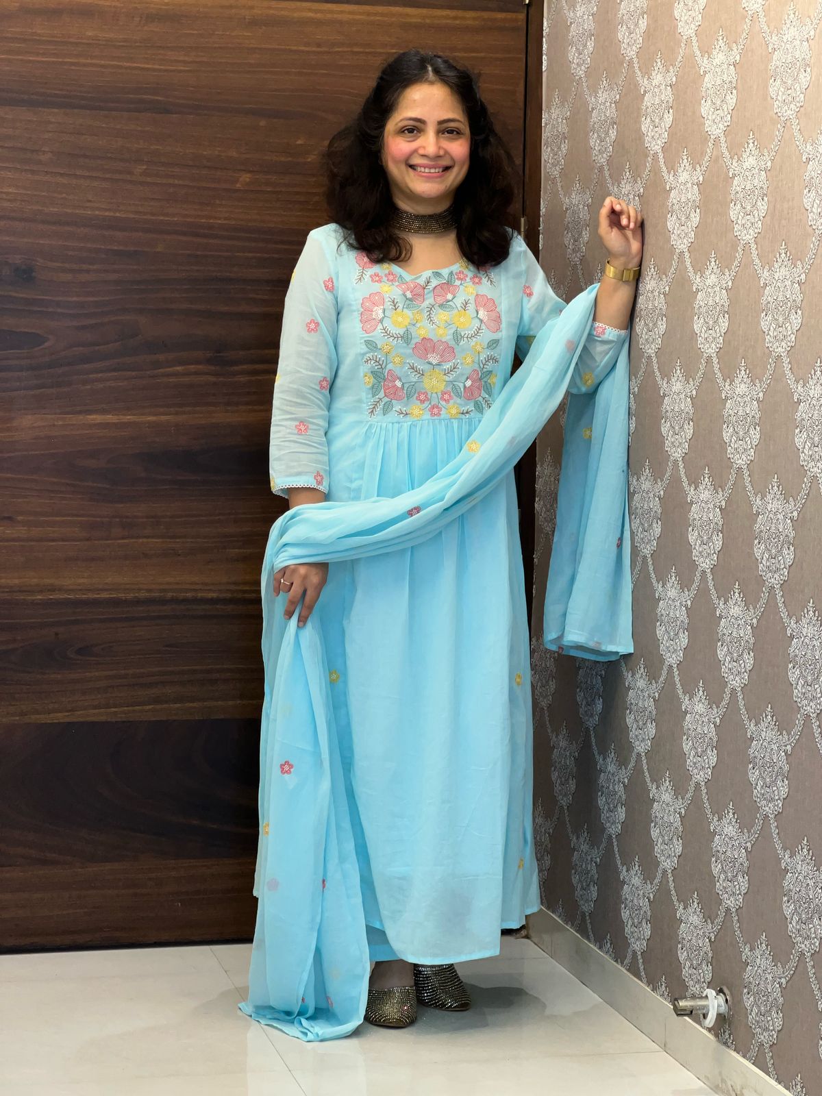 Light Sky Blue Mulmul Cotton Dupatta Set