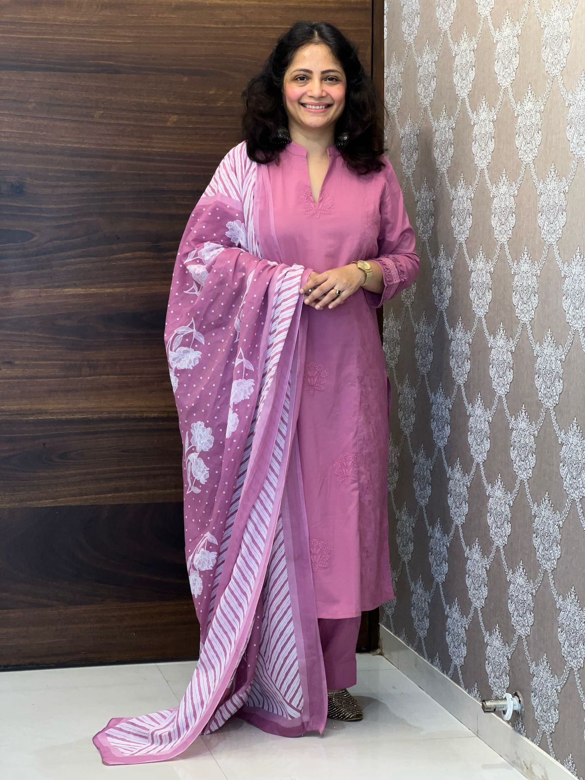 Mauve Pink Colour Tone & Tone Premium Cotton Dupatta Set