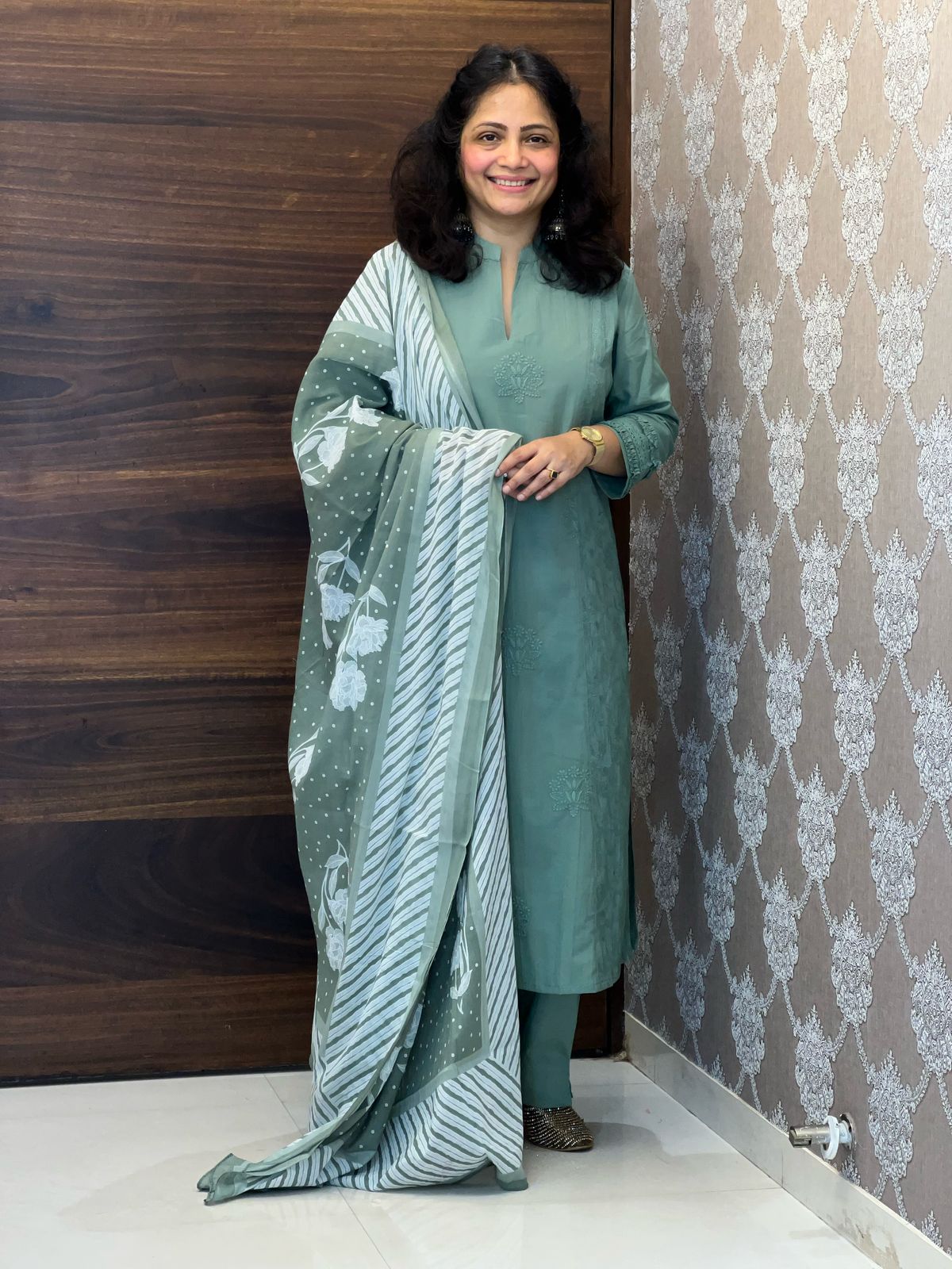 Sage Green Colour Tone & Tone Premium Cotton Dupatta Set