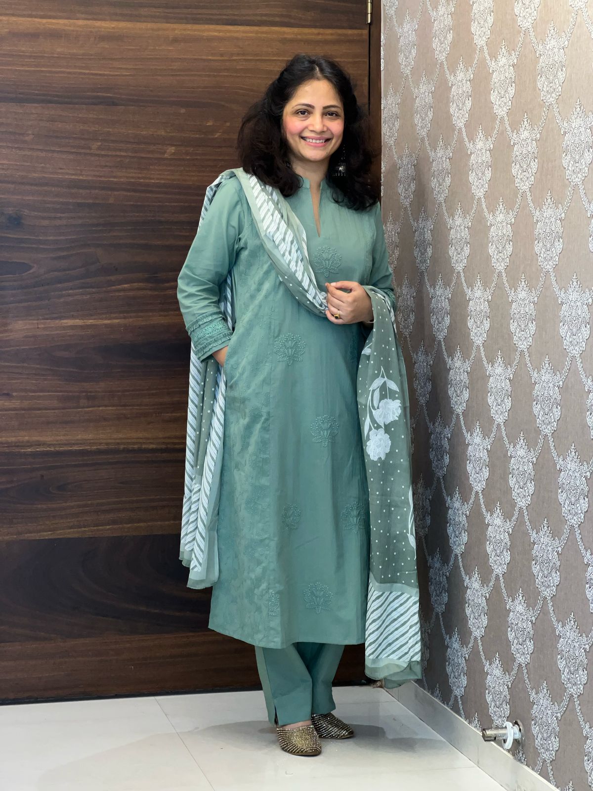 Sage Green Colour Tone & Tone Premium Cotton Dupatta Set