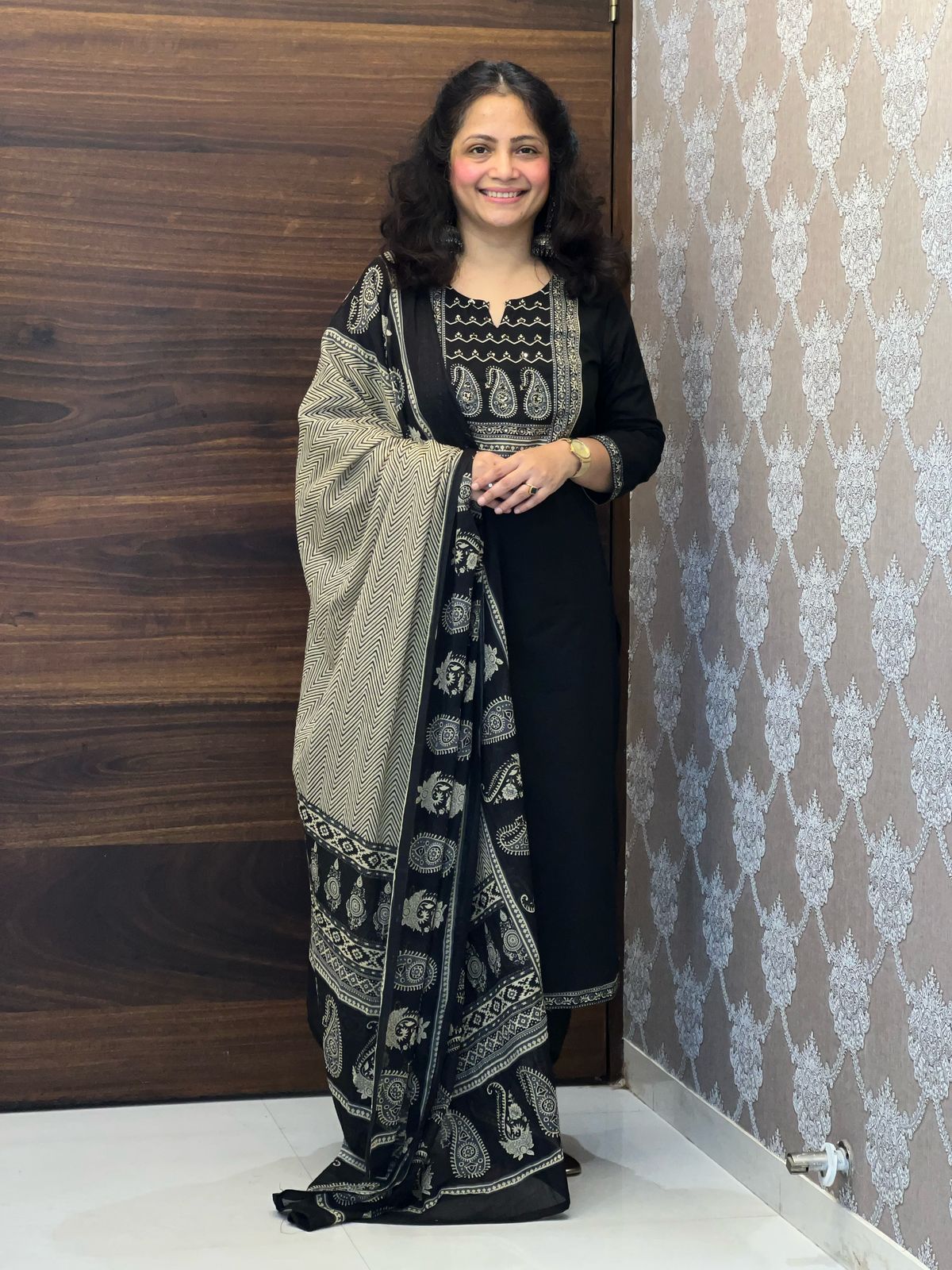 Black Colour Pure Cotton Dupatta Set