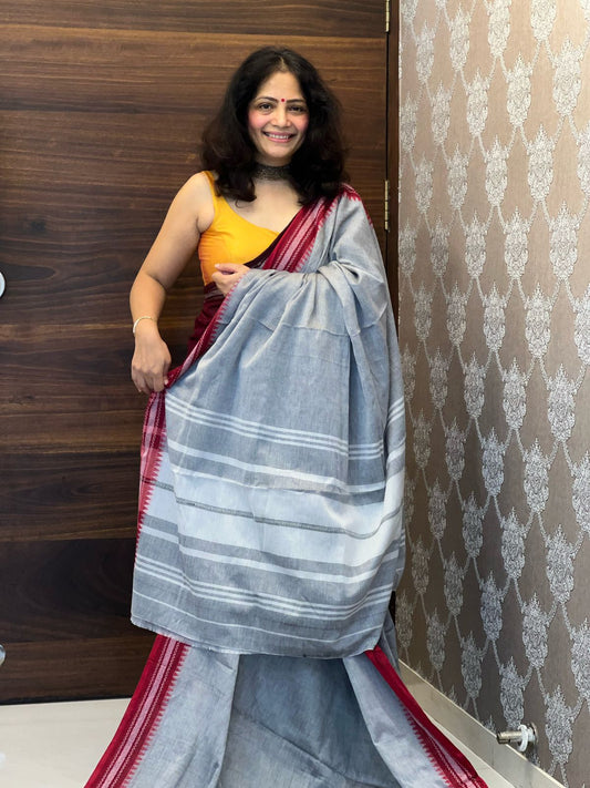 Bengal Exclusive Light Grey Color Hand Made Organic Khadi Saree