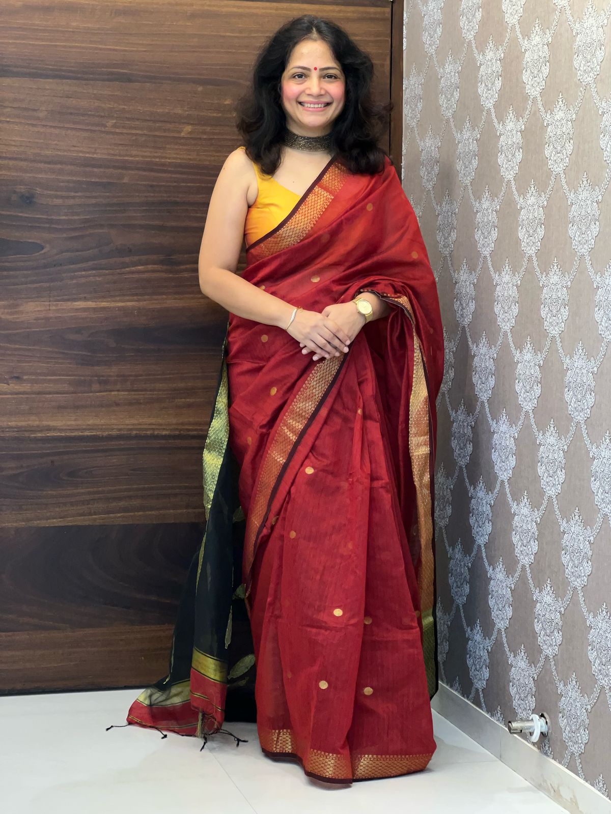 Silk Cotton Maheshwari Maroon Color Saree