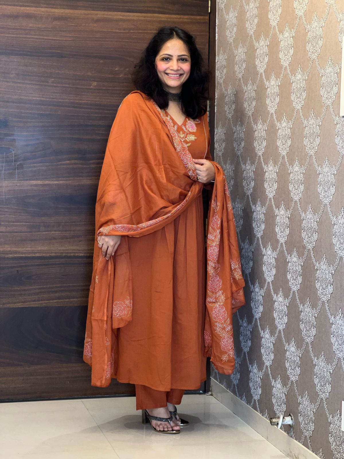Burnt Orange Colour Mulmul Cotton Dupatta Set