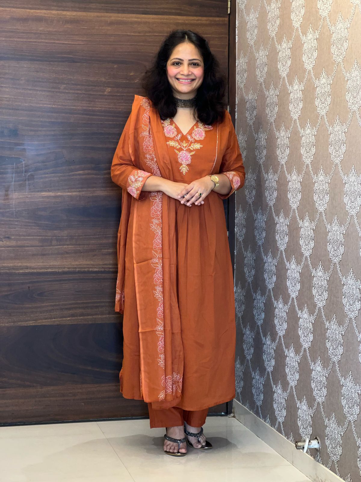 Burnt Orange Colour Mulmul Cotton Dupatta Set