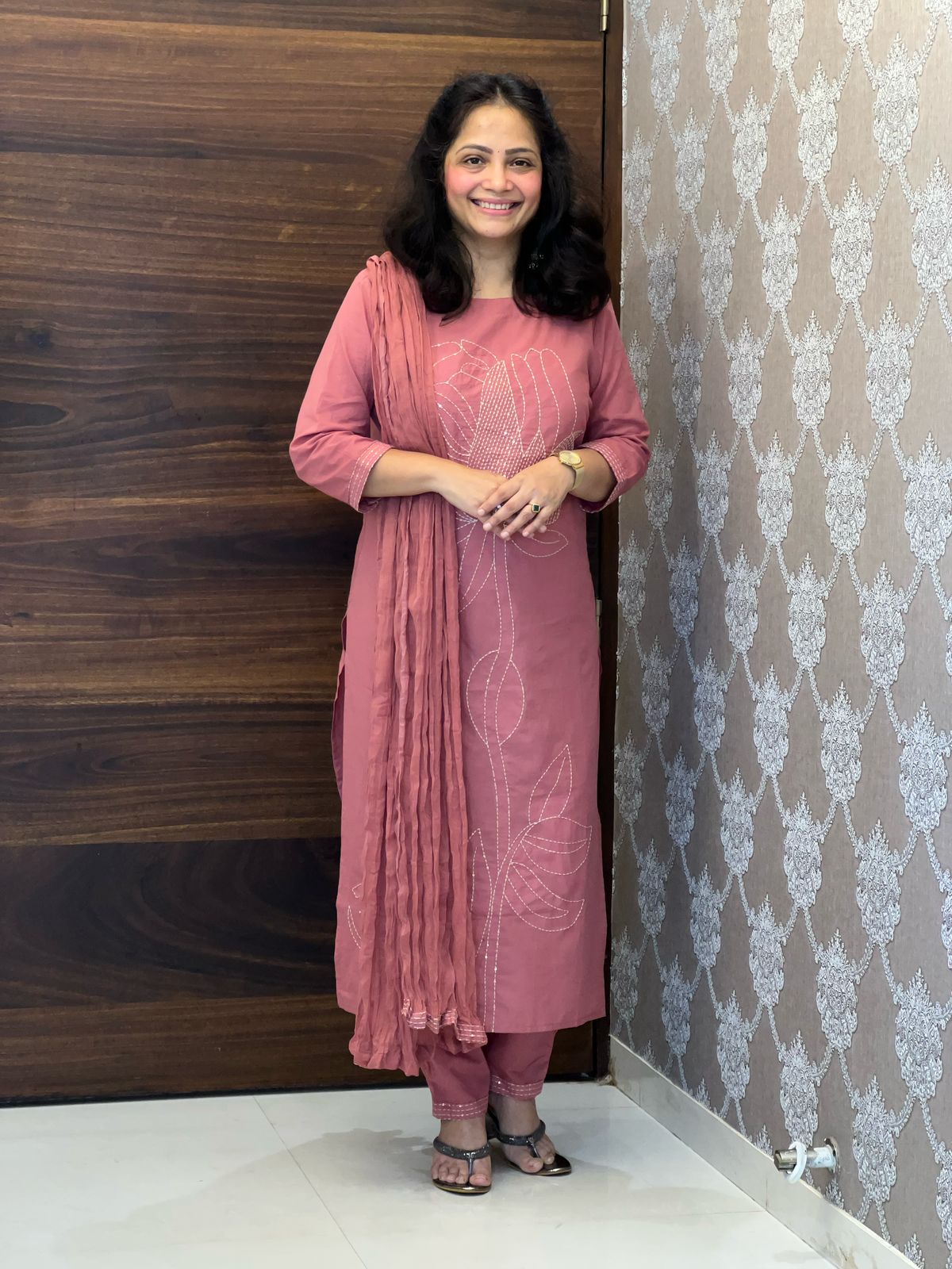 Mauve Pink Colour Cotton-Rayon Mix Dupatta Set