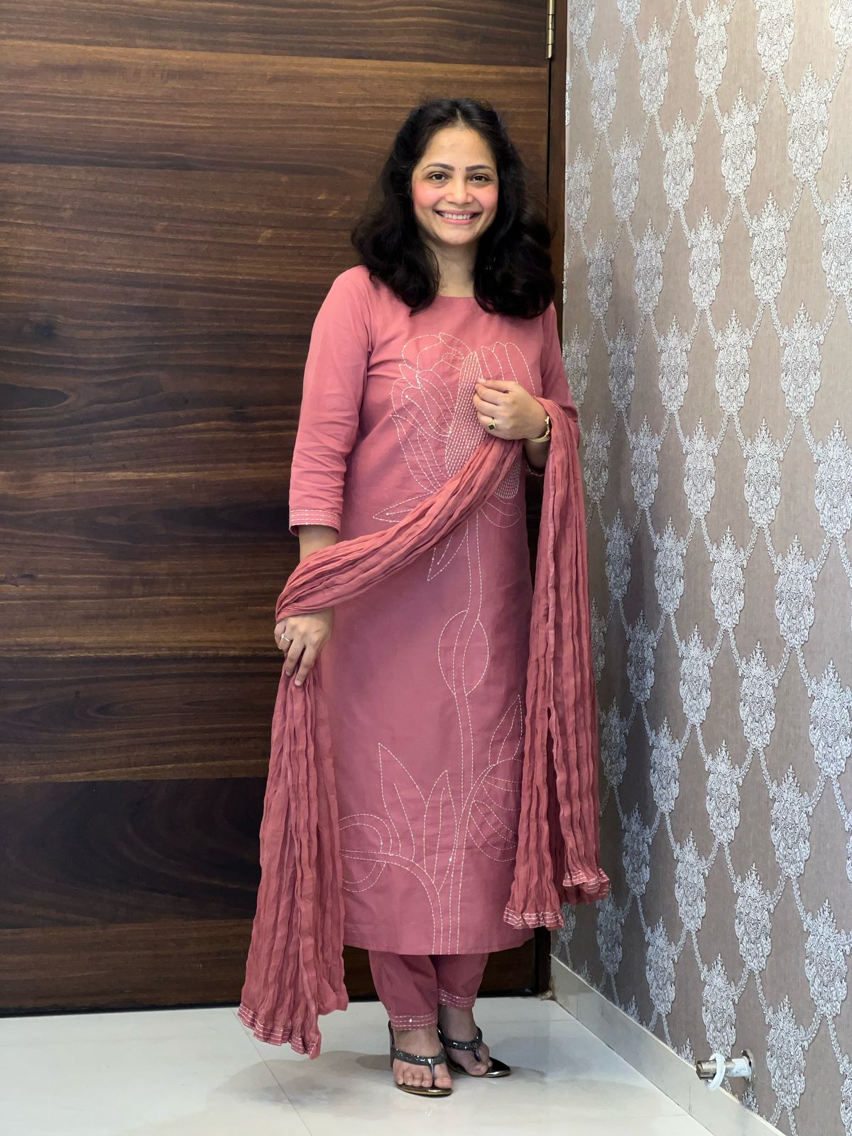 Mauve Pink Colour Cotton-Rayon Mix Dupatta Set