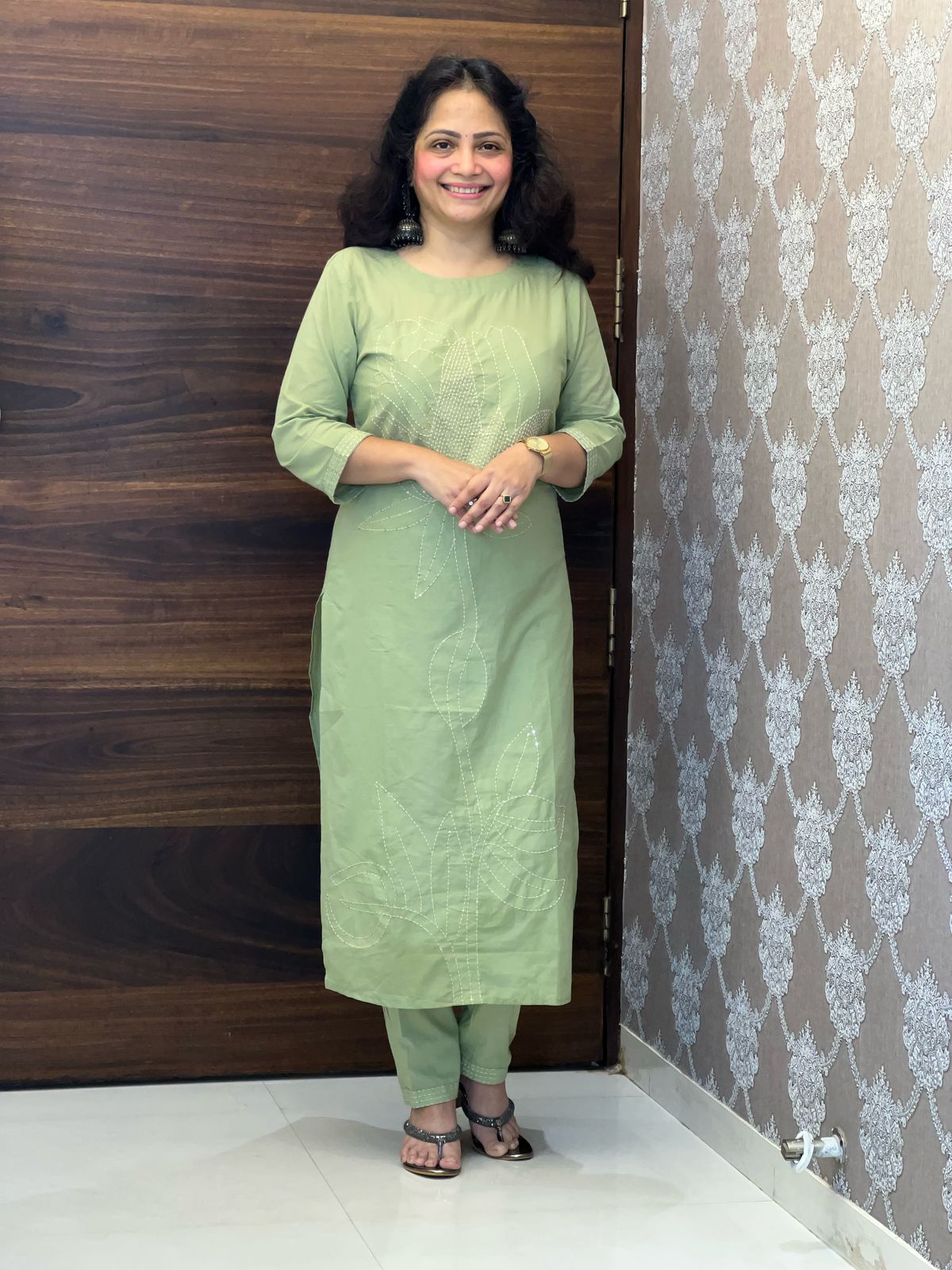 Pastel Olive Green Colour Cotton-Rayon Mix Dupatta Set
