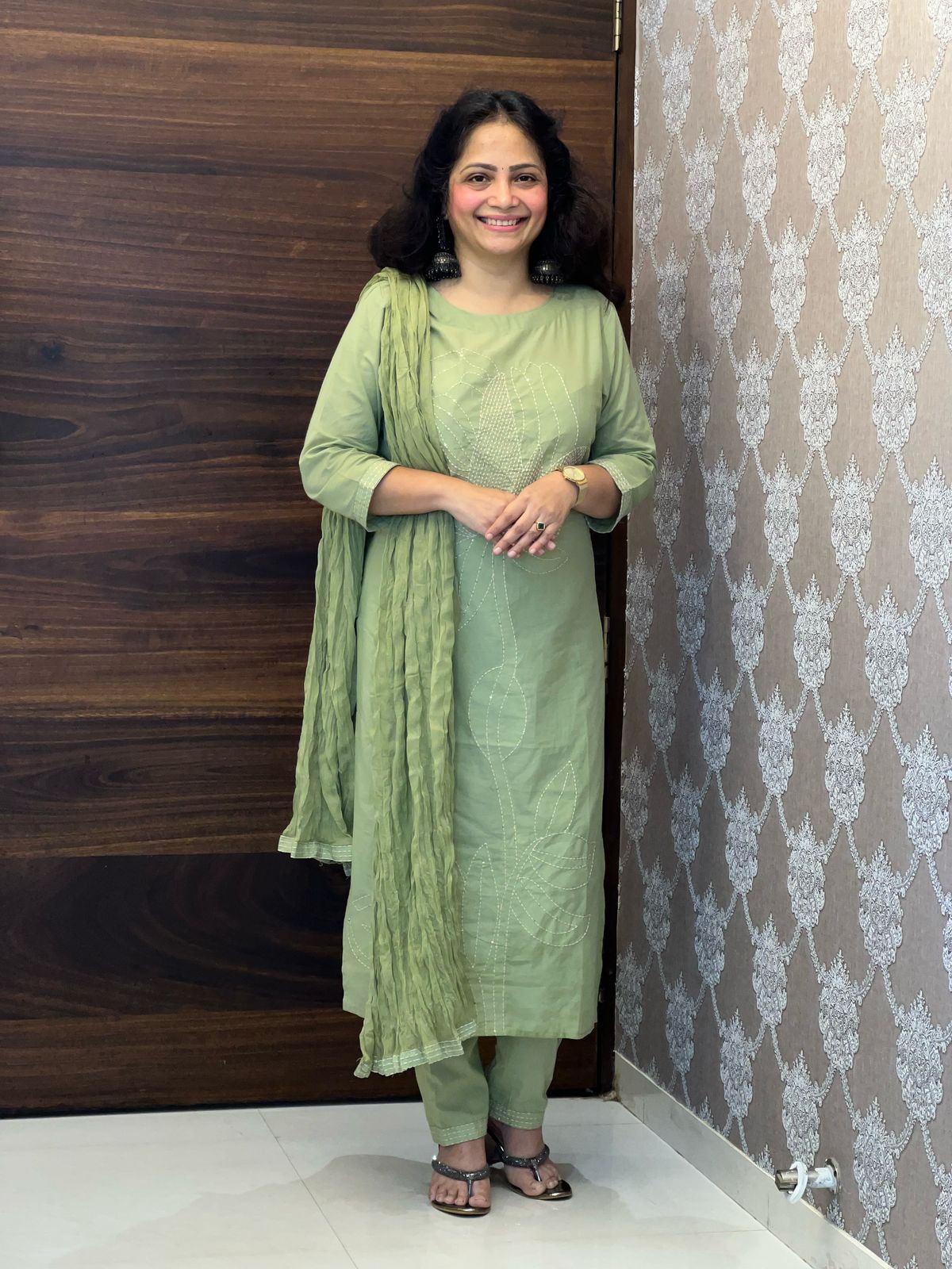 Pastel Olive Green Colour Cotton-Rayon Mix Dupatta Set