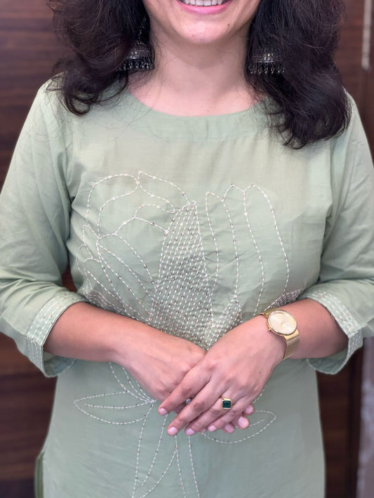 Pastel Olive Green Colour Cotton-Rayon Mix Dupatta Set