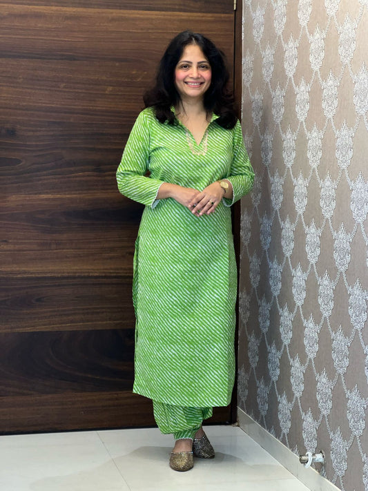 Lehariya Green Colour Pure Cotton Pathani Co-ord Set