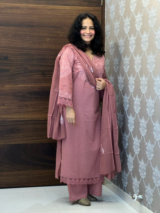 Mauve Pink Colour Tone On Tone Pure Cotton Dupatta Set