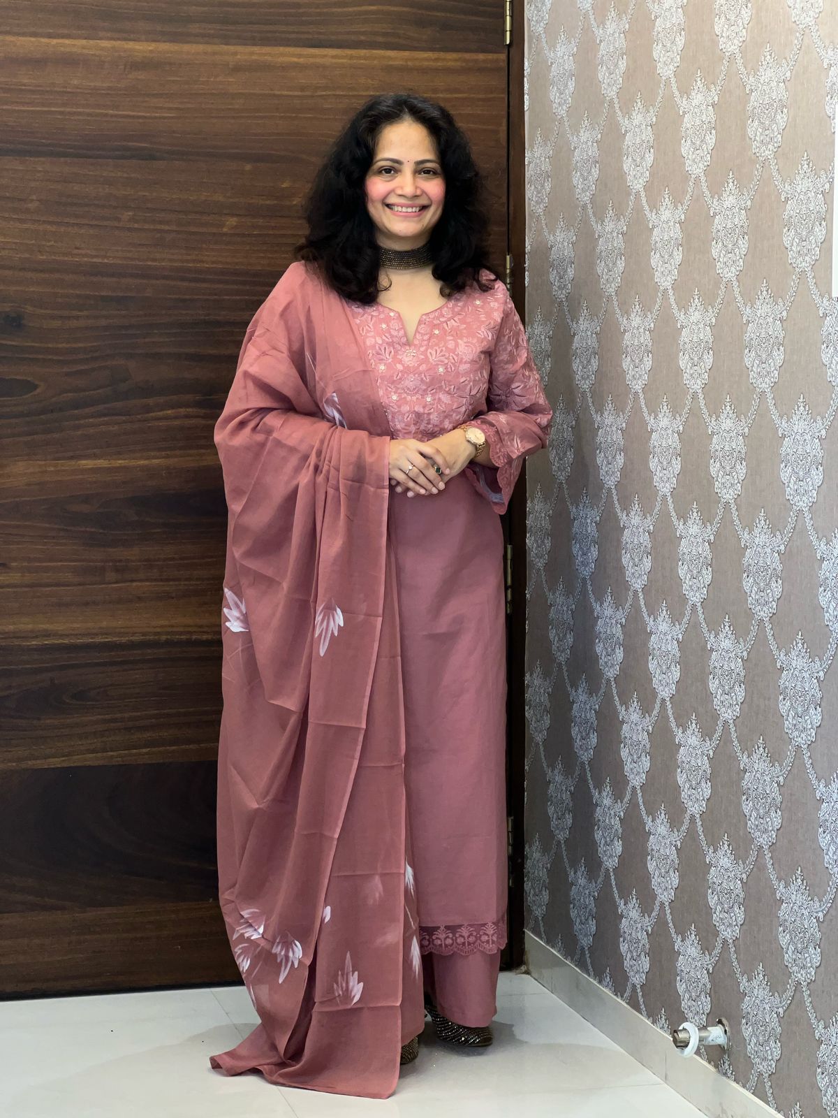 Mauve Pink Colour Tone On Tone Pure Cotton Dupatta Set