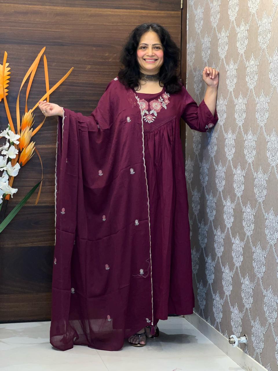 Deep Maroon Colour Premium Cotton Anarkali Dupatta Set